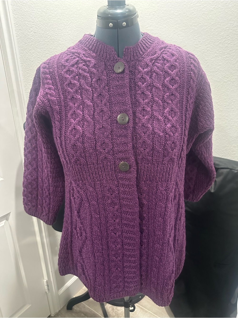 Kilronan Knitwear M Merino Wool Cable Knit Purple Cardigan Sweater Made Ireland